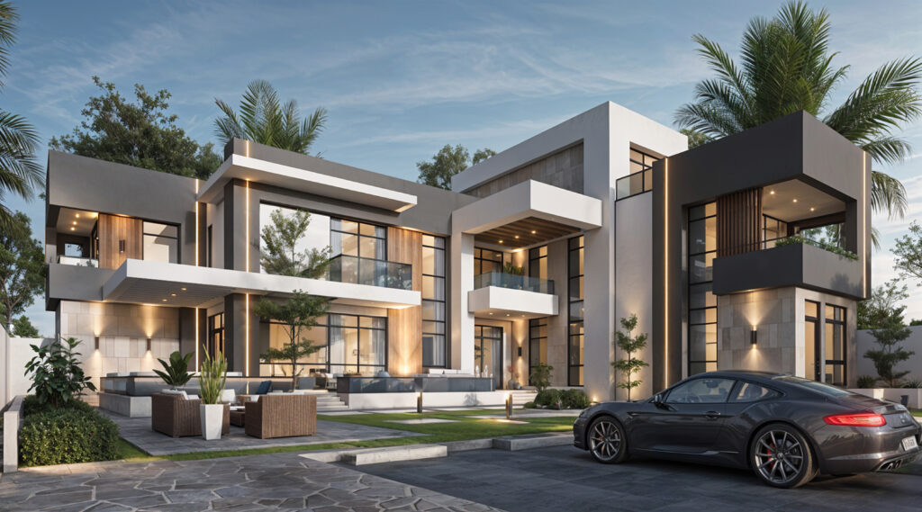 فيلا سكنية عصرية بتصميم هندسي فاخر يجمع بين الحداثة والأناقة في قلب أبوظبي.