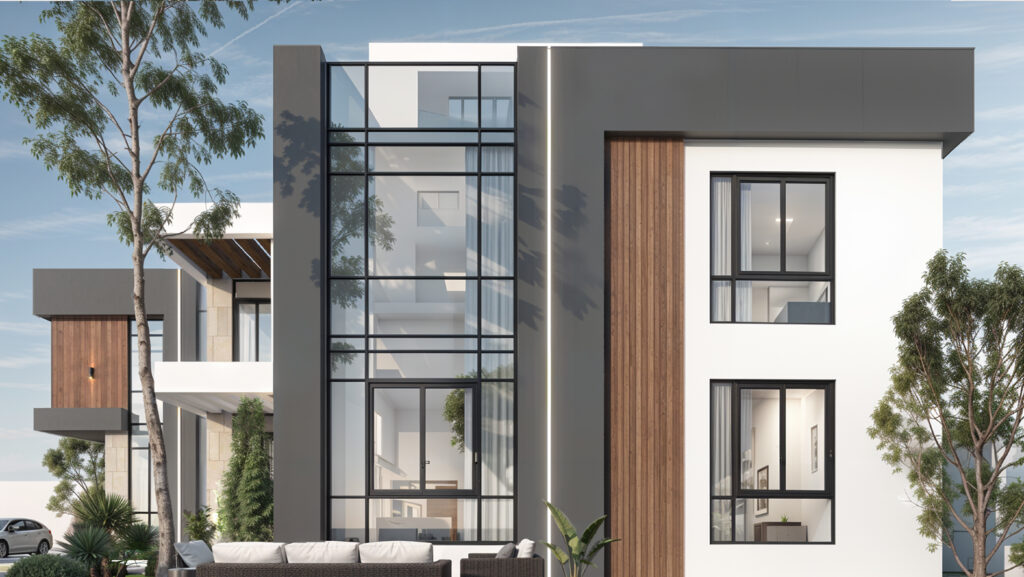 خطوط هندسية واضحة مع واجهات زجاجية تضيف طابعًا فاخرًا للتصميم الخارجي.