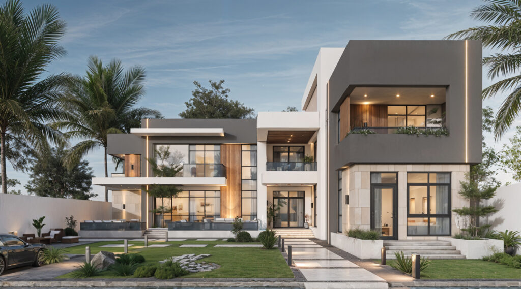 تصميم فيلا حديثة بمزيج من الخامات الطبيعية والإضاءة الذكية يعكس أسلوب الحياة الفاخر.