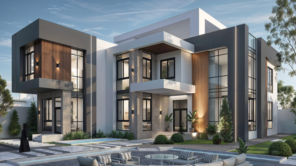 مزيج من الخشب والحجر يمنح الفيلا لمسة طبيعية متوازنة مع الطابع المعاصر.