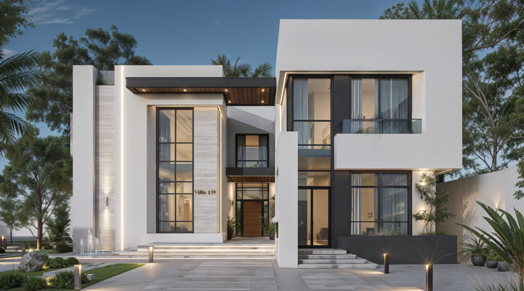 زاوية خارجية لفيلا حديثة بإضاءة ناعمة وخطوط أنيقة