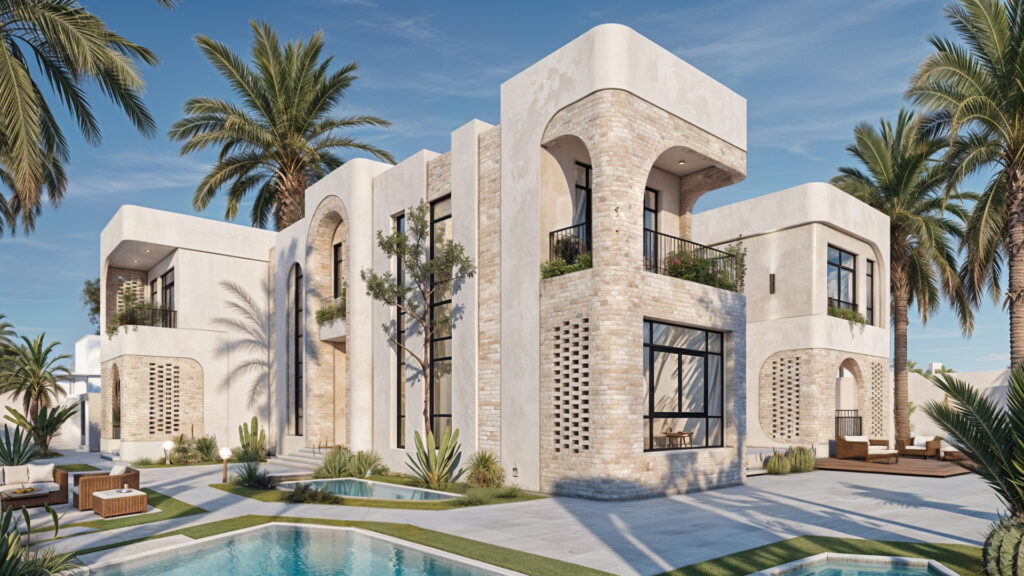 فيلا فاخرة في أبوظبي بتصميم خارجي مميز ومفتوح على جلسات خارجية جذابة.