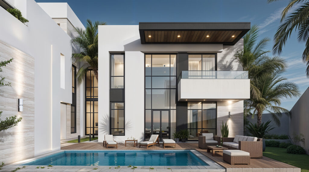 فيلا متناسقة بواجهة بيضاء وحديقة أمامية