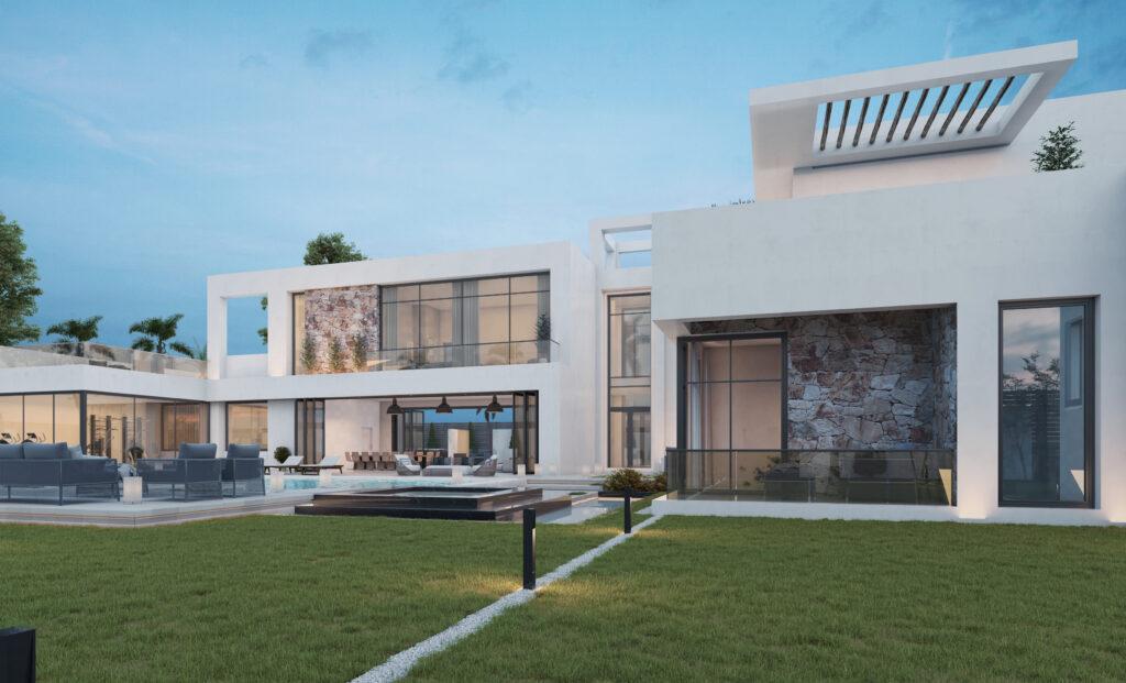 واجهة زجاجية مع لمسات حجرية تضيف طابعاً فريداً للفخامة المعمارية.