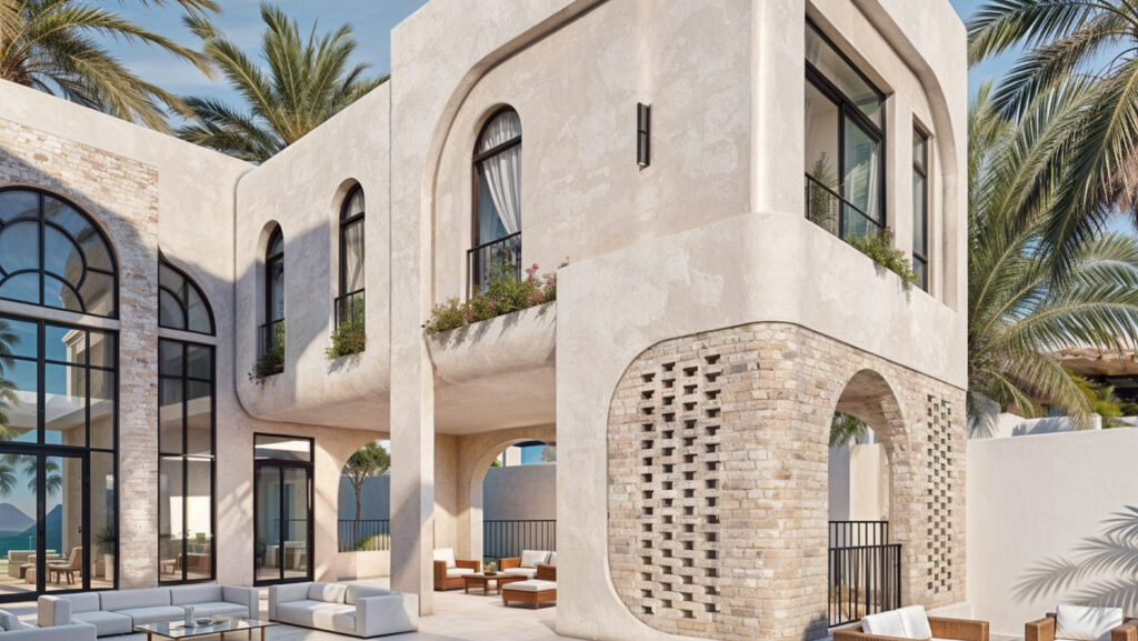 واجهات حجرية ونوافذ مقوسة تضيف لمسة تراثية بطابع عصري راقٍ.