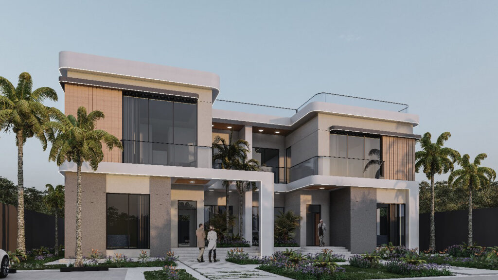 Elegant two-family villa blending warm textures and modern glass elements.