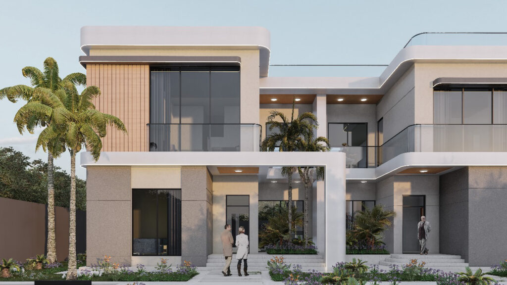 Contemporary twin villa with soft curves and minimalist facade design.